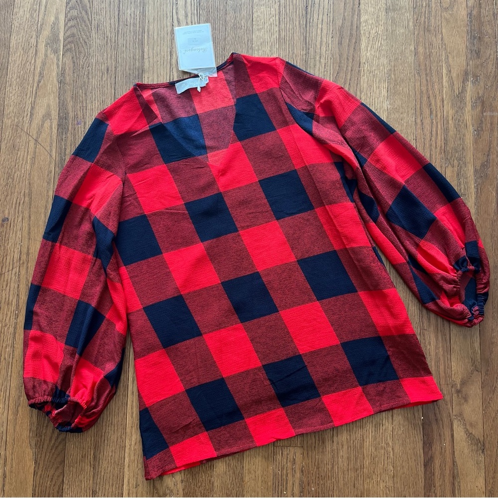 Belongsci Balloon Sleeve Blouse V-Neck Plaid Size Small